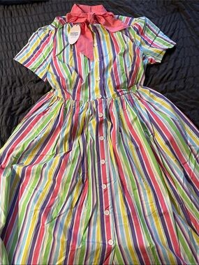 Unique Vintage Multicolor Striped Dress with Pink Neck Scarf NWT